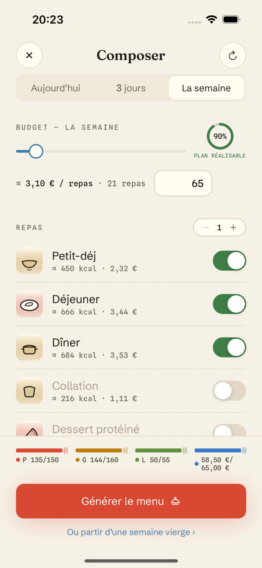 Génération d'un menu de la semaine personnalisé dans MacroMeal : cibles calories, protéines et budget courses