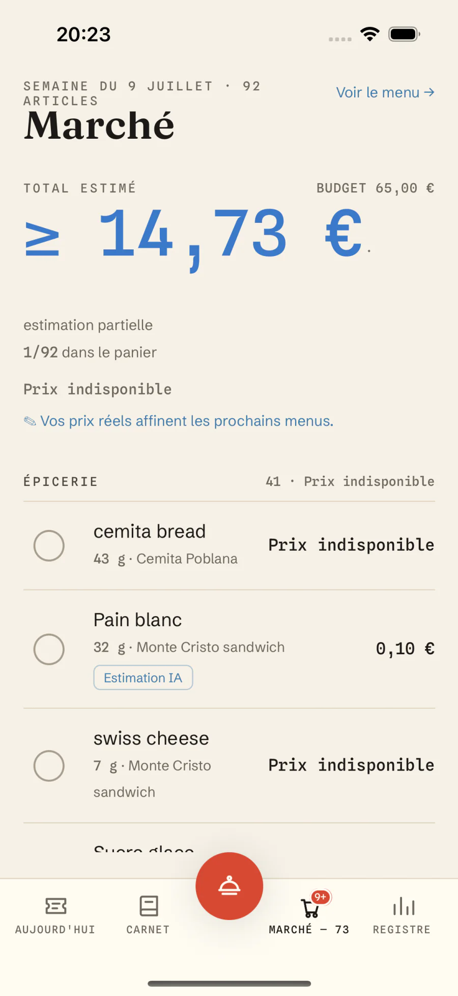 Liste de courses avec prix estimés par ingrédient dans MacroMeal