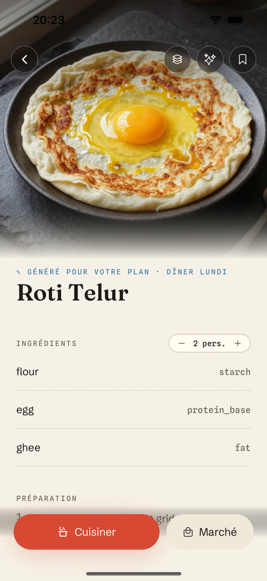 Fiche recette MacroMeal : quantités personnalisées, macros et prix par portion