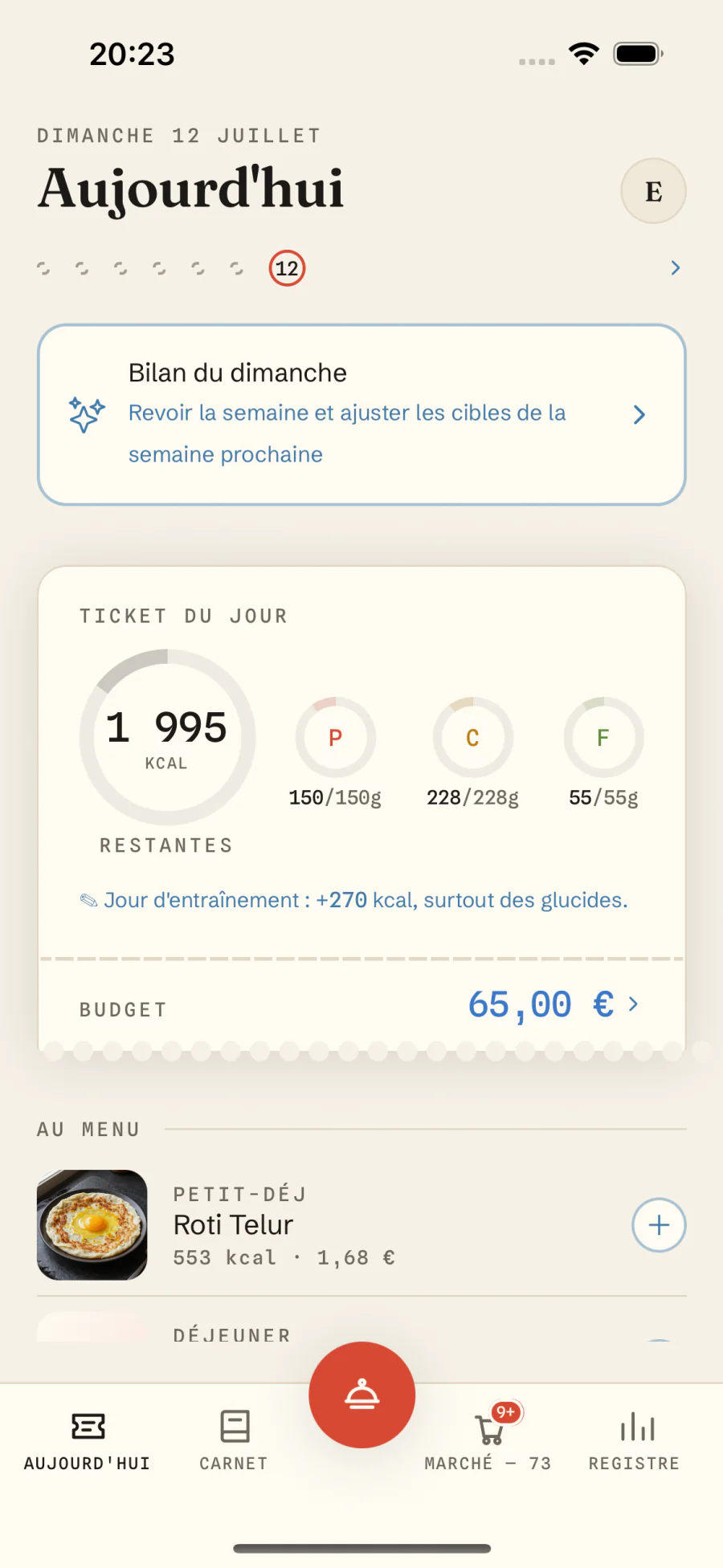 Menu du jour dans MacroMeal : anneaux de macros — calories et protéines — et repas planifiés